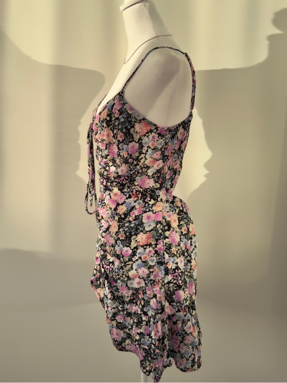 Blashe Black Pink Floral Ruched Cami Mini Dress Sweetheart Ruffle Hem - Picture 7 of 8